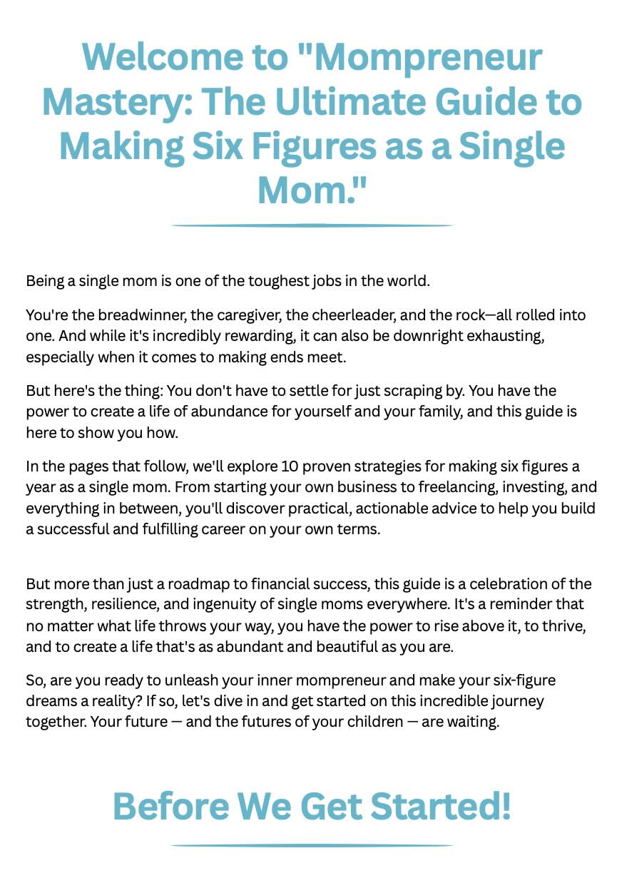 Mompreneur Mastery The Ultimate Guide to Making Six Figures as a Single Mom - Think Tank Central page 1 preview