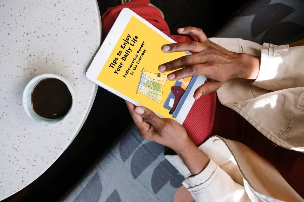 Woman reading Tips To Enjoy Your Daily Life ebook
